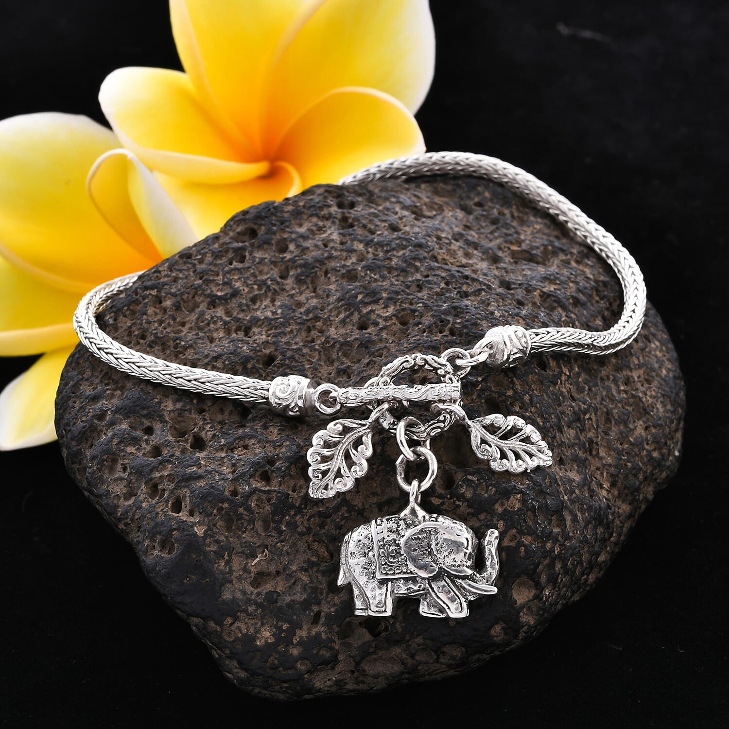 Royal Bali Collection - Sterling Silver Tulang Naga Bracelet (Size 7.5) with Leaves and Elephant Charm, Silver wt 11.77 Gms