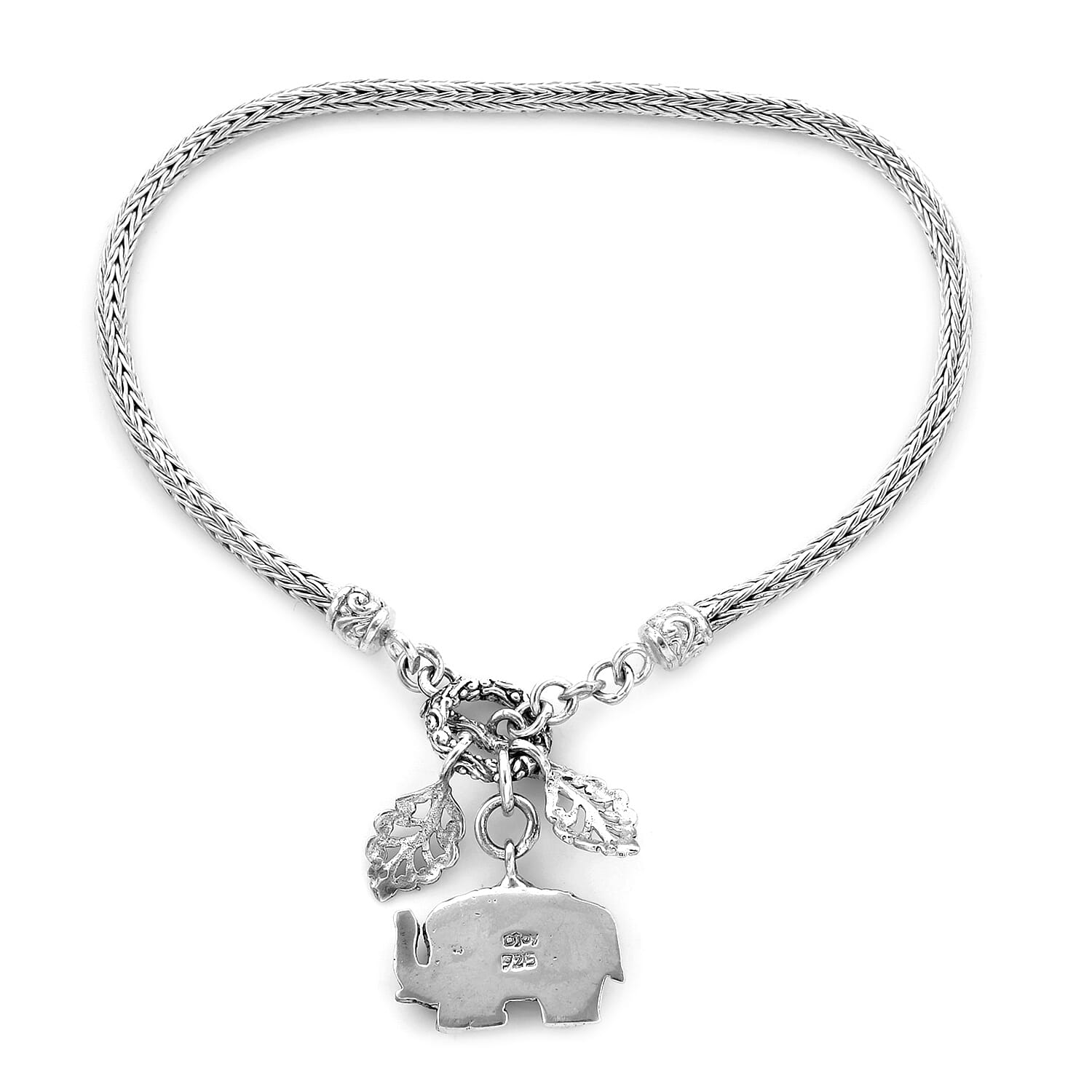 Royal Bali Collection - Sterling Silver Tulang Naga Bracelet (Size 7.5) with Leaves and Elephant Charm, Silver wt 11.77 Gms