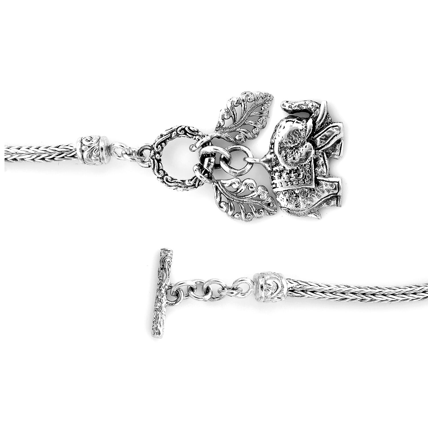 Royal Bali Collection - Sterling Silver Tulang Naga Bracelet (Size 7.5) with Leaves and Elephant Charm, Silver wt 11.77 Gms