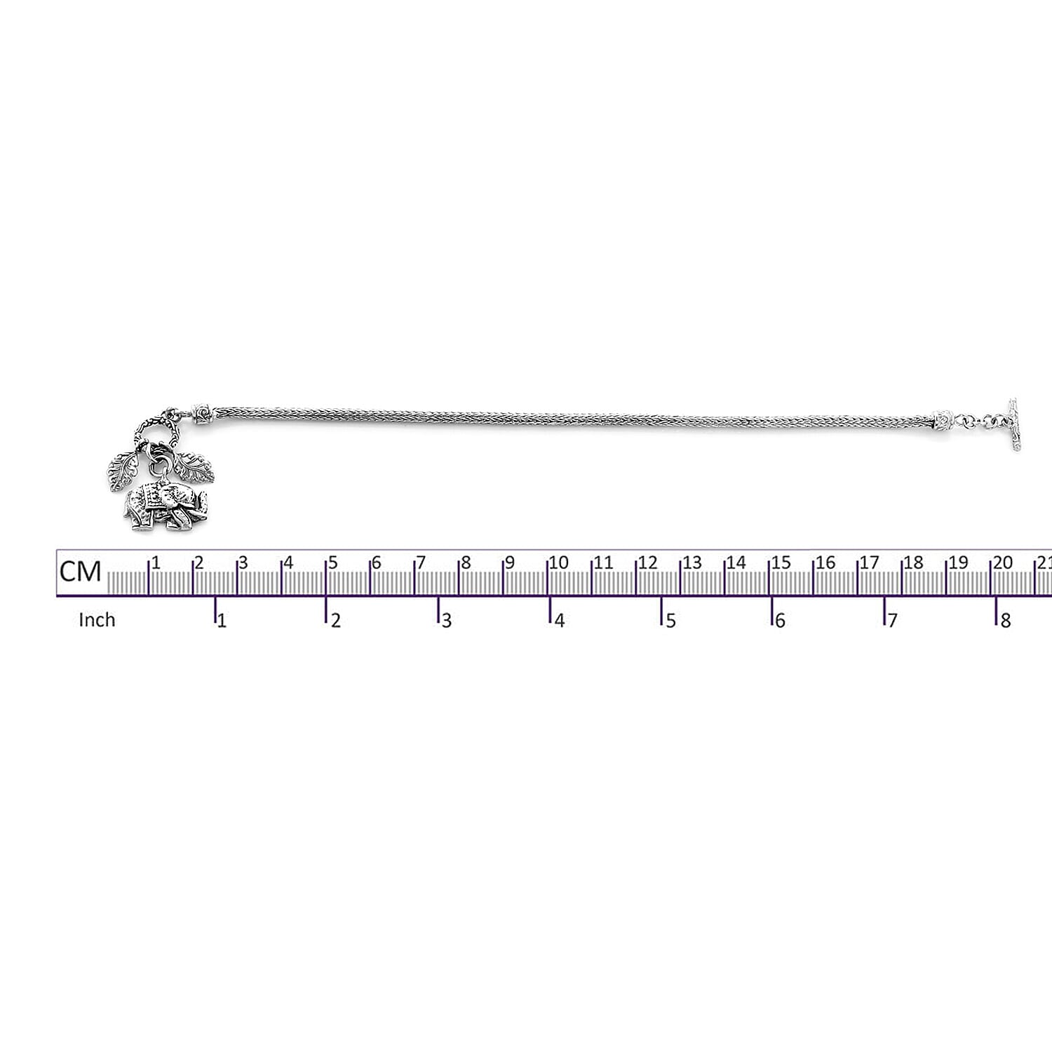 Royal Bali Collection - Sterling Silver Tulang Naga Bracelet (Size 7.5) with Leaves and Elephant Charm, Silver wt 11.77 Gms