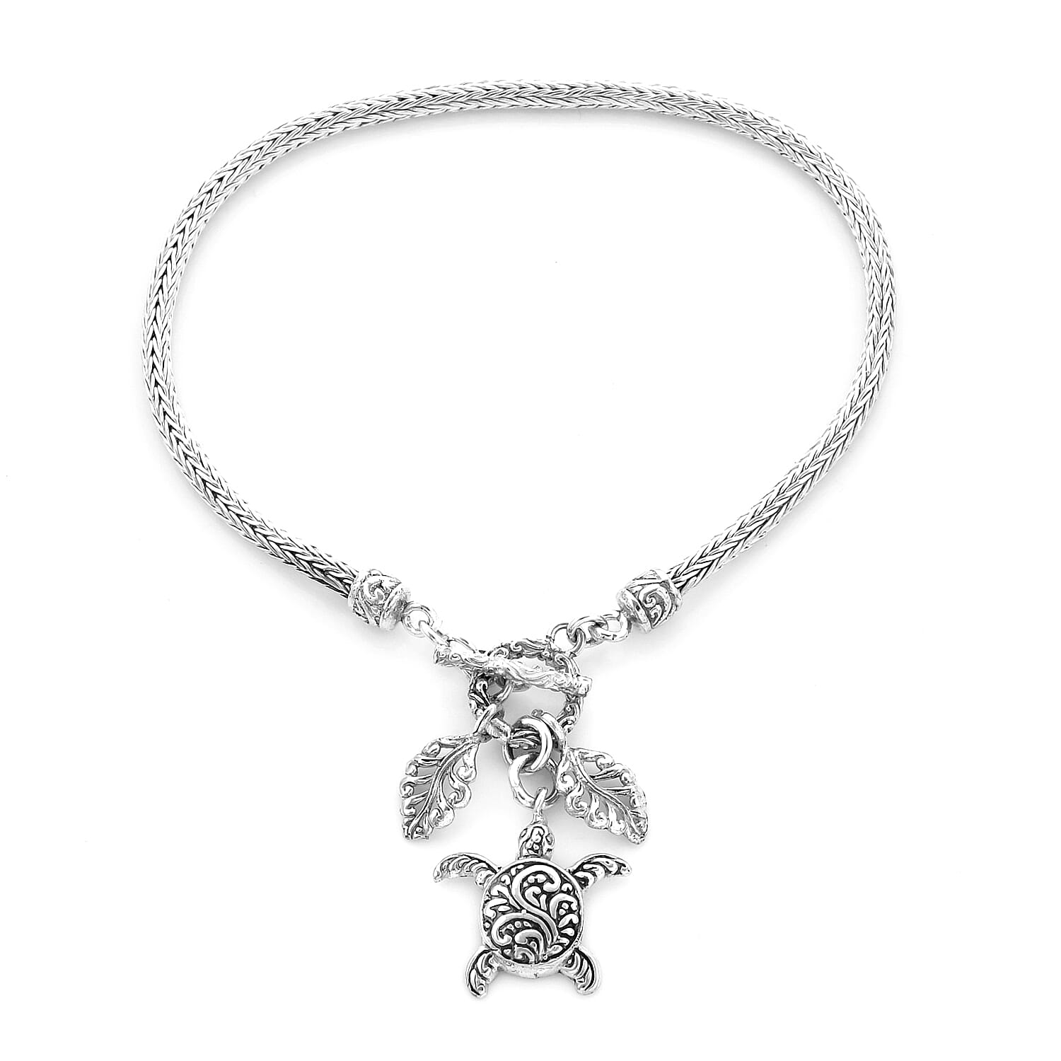 Royal Bali Collection - Sterling Silver Tulang Naga Bracelet (Size 6.5) with Leaves and Turtle Charm, Silver wt 10.00 Gms
