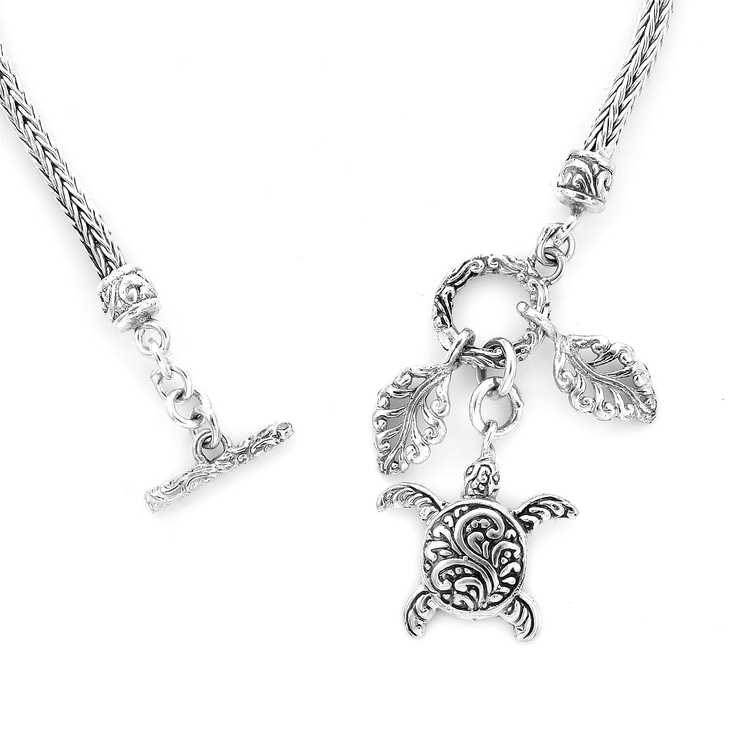 Royal Bali Collection - Sterling Silver Tulang Naga Bracelet (Size 6.5) with Leaves and Turtle Charm, Silver wt 10.00 Gms