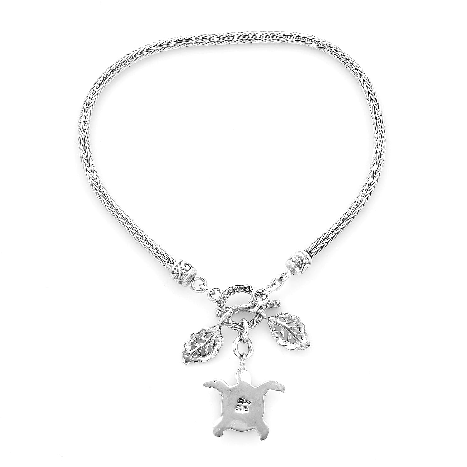 Royal Bali Collection - Sterling Silver Tulang Naga Bracelet (Size 6.5) with Leaves and Turtle Charm, Silver wt 10.00 Gms