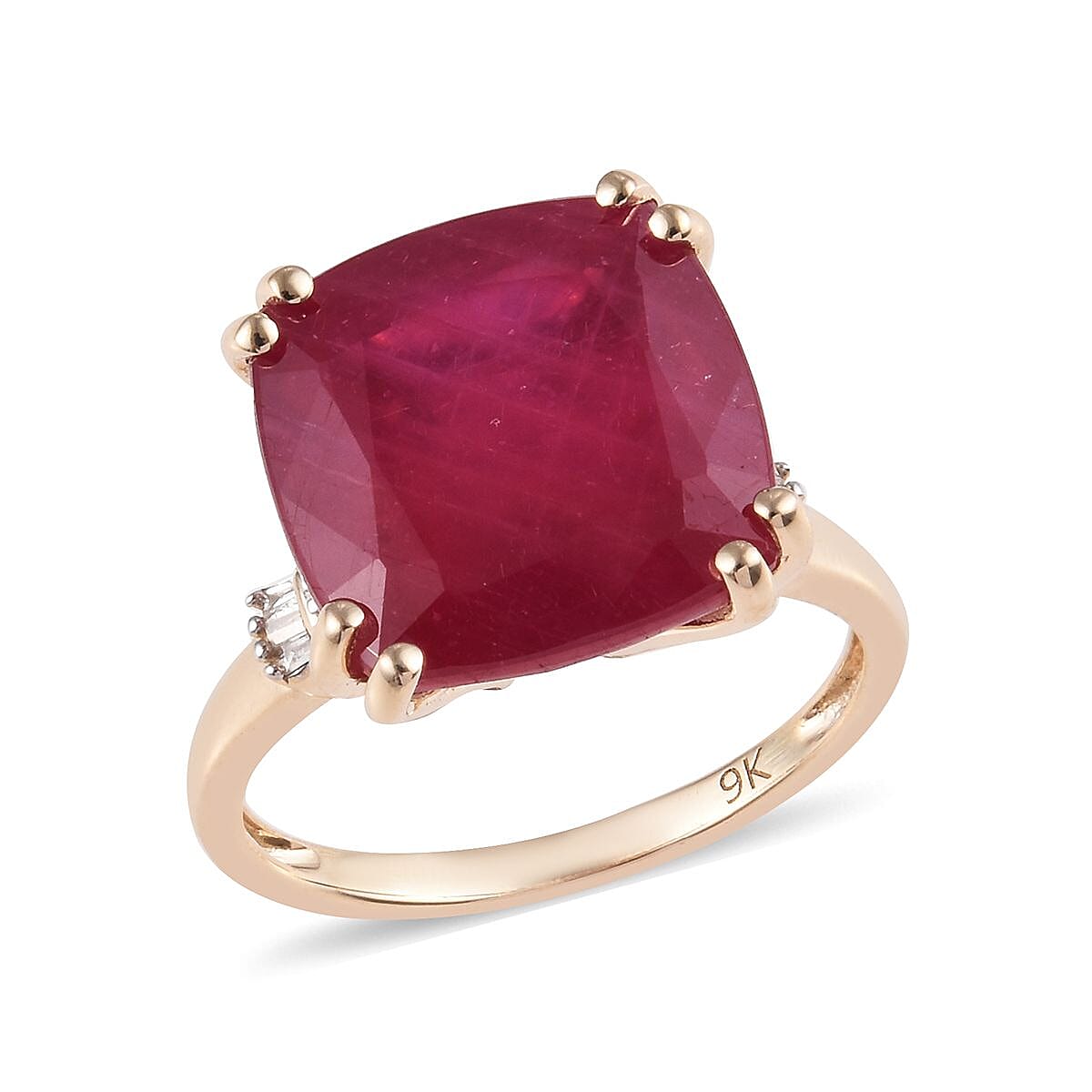 9K Yellow Gold AAA African Ruby (Cush 12x12mm), Diamond Ring 11.40 Ct.
