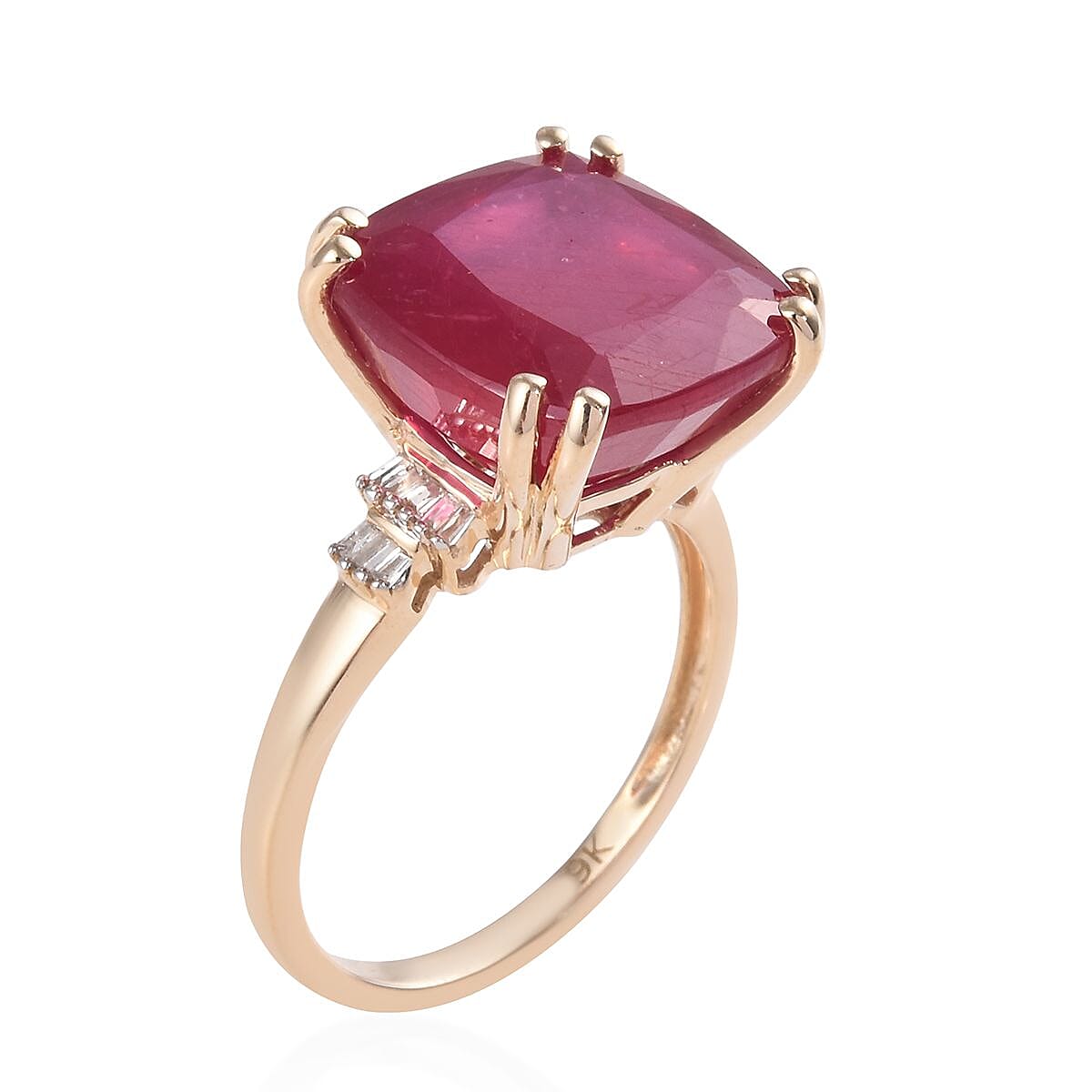 9K Yellow Gold AAA African Ruby (Cush 12x12mm), Diamond Ring 11.40 Ct.
