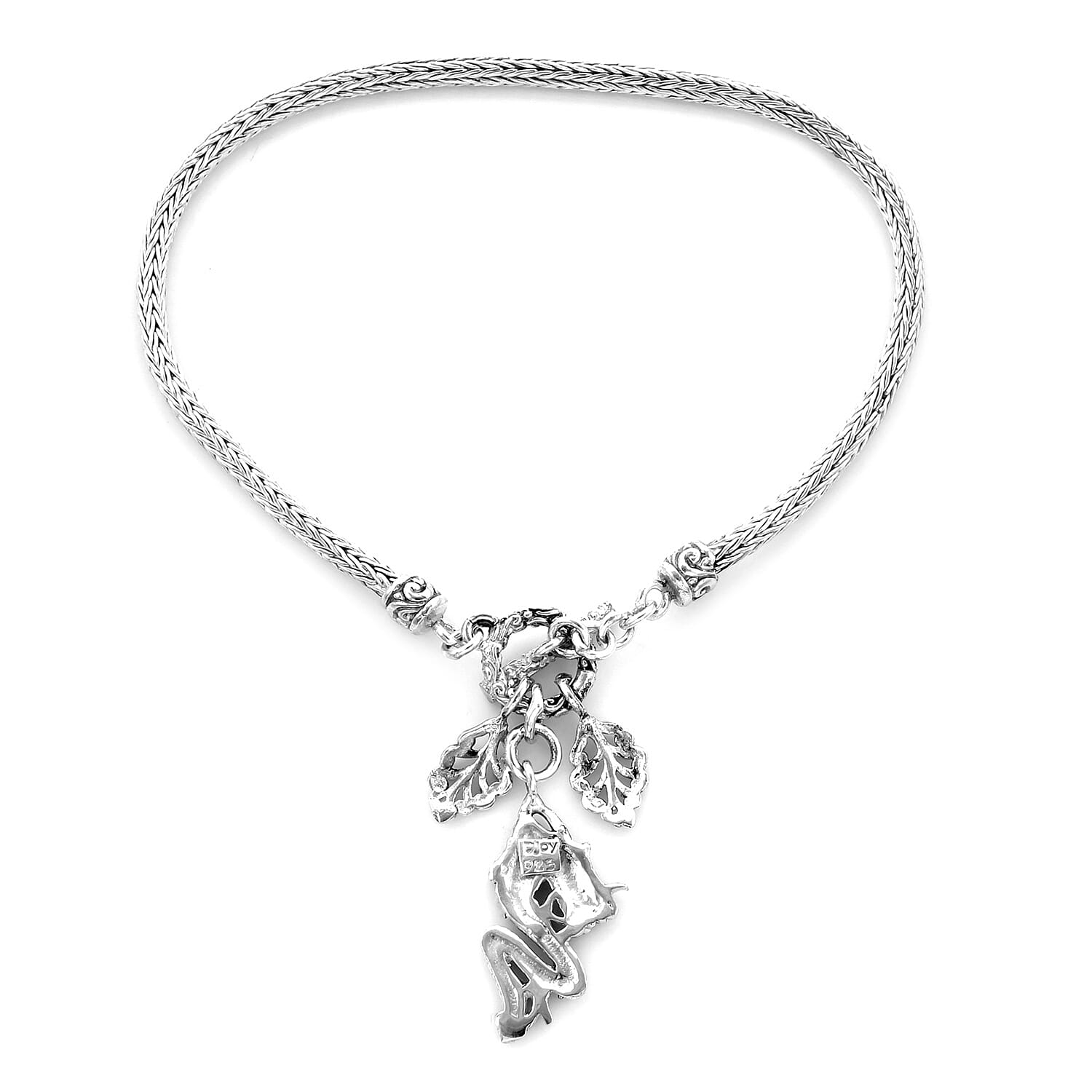 Royal Bali Collection - Sterling Silver Tulang Naga Bracelet (Size 7.5) with Leaves and Dragon Charm, Silver wt 9.50 Gms