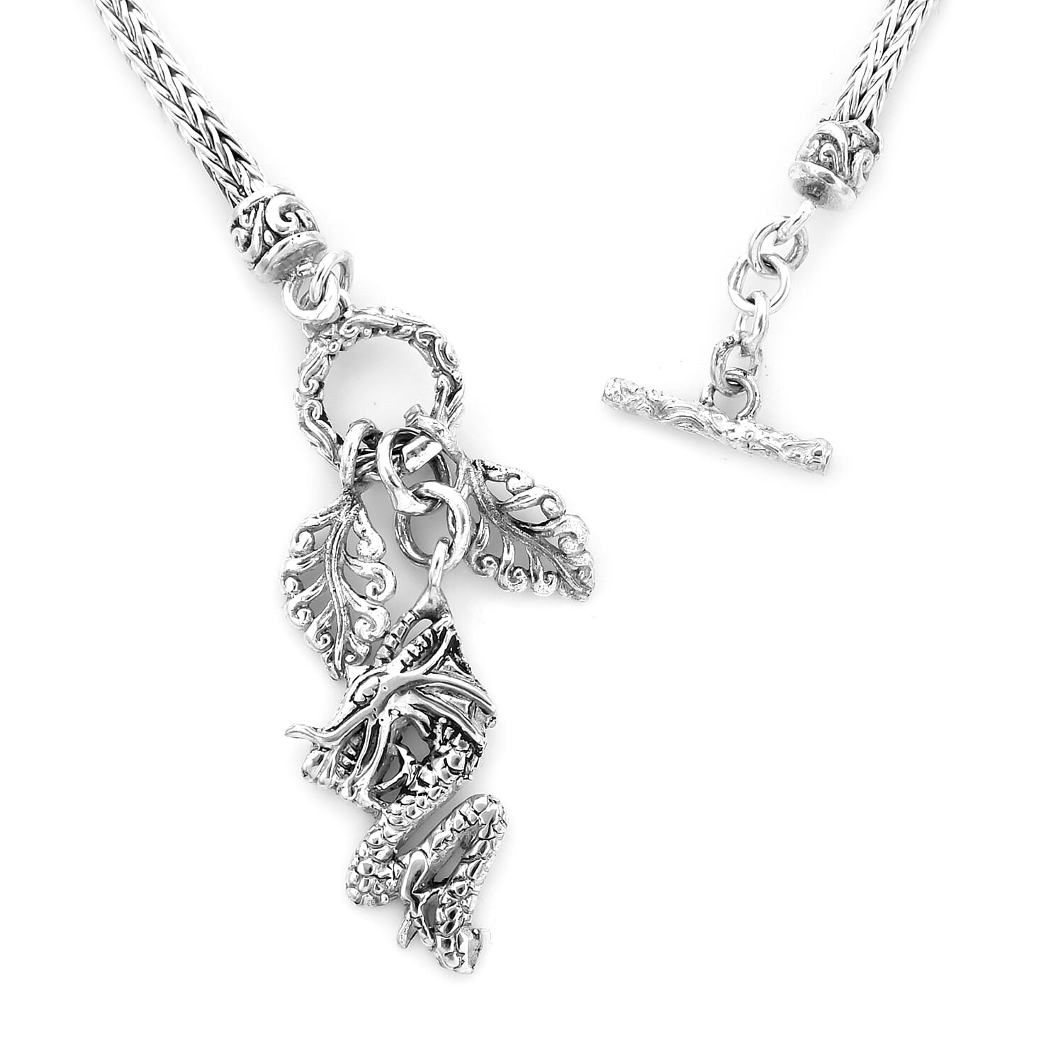 Royal Bali Collection - Sterling Silver Tulang Naga Bracelet (Size 7.5) with Leaves and Dragon Charm, Silver wt 9.50 Gms