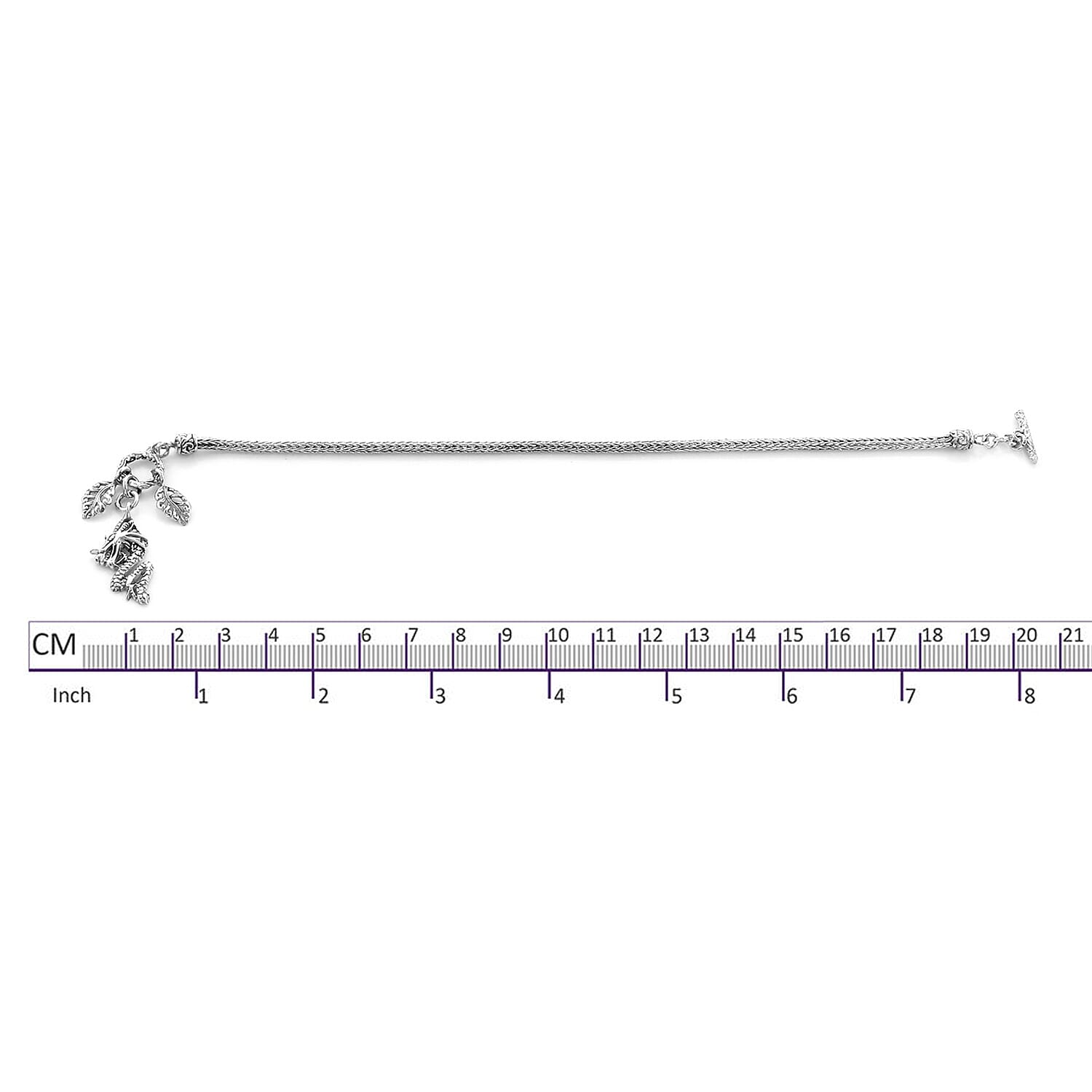 Royal Bali Collection - Sterling Silver Tulang Naga Bracelet (Size 7.5) with Leaves and Dragon Charm, Silver wt 9.50 Gms