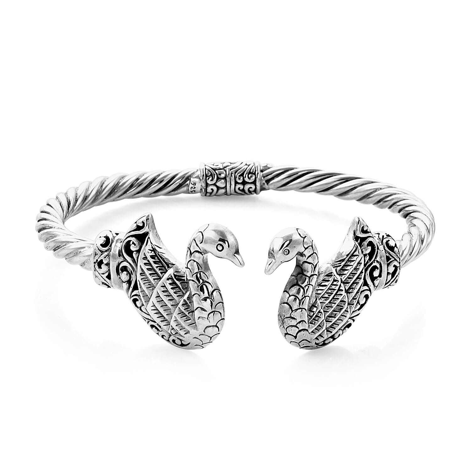 Royal Bali Collection- Sterling Silver Swan Bangle (Size 7.25), Silver wt, 30.00 Gms