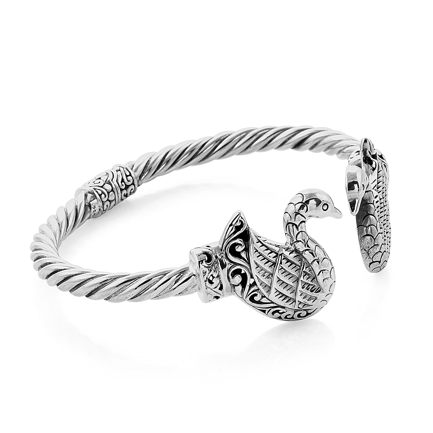 Royal Bali Collection- Sterling Silver Swan Bangle (Size 7.25), Silver wt, 30.00 Gms