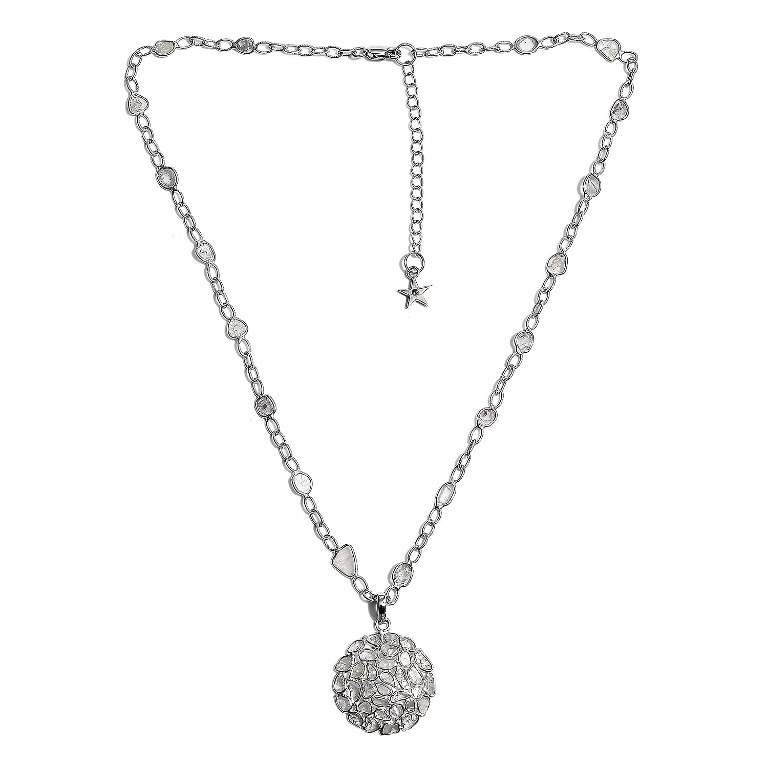 GP Polki Diamond and Blue Sapphire Necklace (Size 18 with 2 inch Extender) in Platinum Overlay Sterling Silver 2.03 Ct.