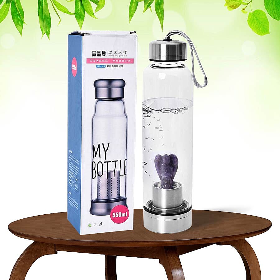 550 ML Amethyst Angel Figurine Crystal Elixir Water Bottle with Stainless Steel Cap (Size 24.5x6.5 Cm)