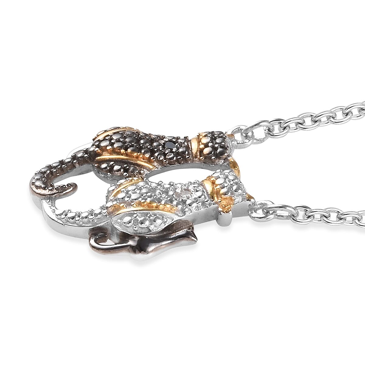 Black and White Diamond (Rnd) Cat Necklace (Size 18) in Platinum Overlay Sterling Silver with Black and Yellow Gold  Plating