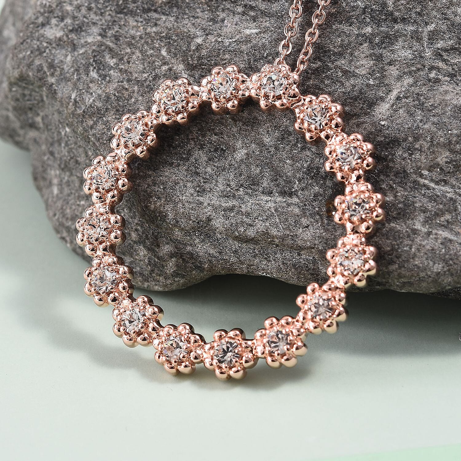 J Francis -  White Crystal Flower Circle Pendant with Chain (Size 20) in 18K Rose Gold Plated