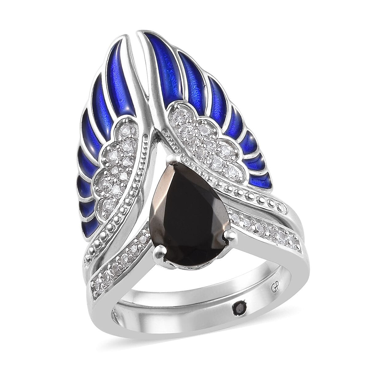 GP 2 Piece Set - Elite Shungite (Pear), Natural Cambodian Zircon and Blue Sapphire Enamelled Ring in Platinum Overlay Sterling Silver 1.87 Ct, Silver wt 7.60 Gms