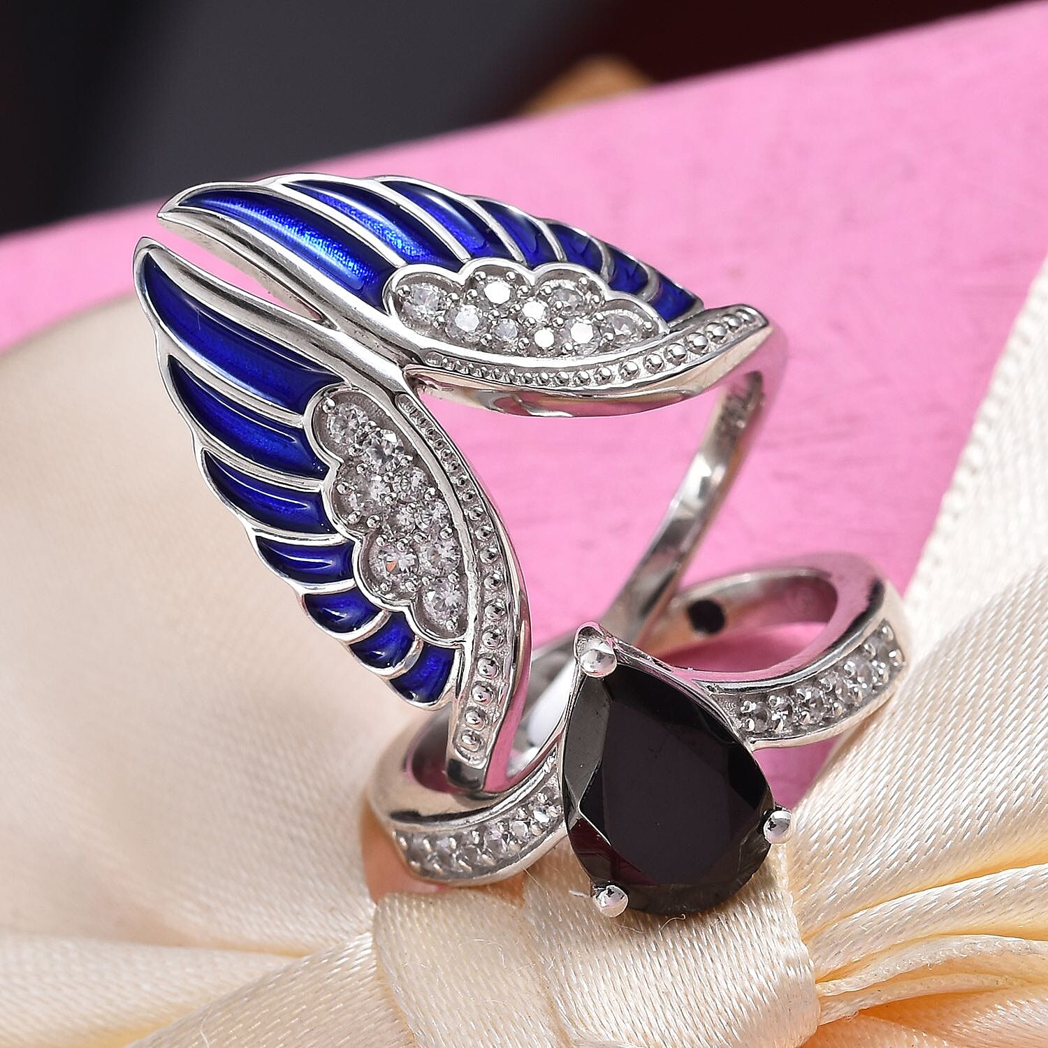 GP 2 Piece Set - Elite Shungite (Pear), Natural Cambodian Zircon and Blue Sapphire Enamelled Ring in Platinum Overlay Sterling Silver 1.87 Ct, Silver wt 7.60 Gms