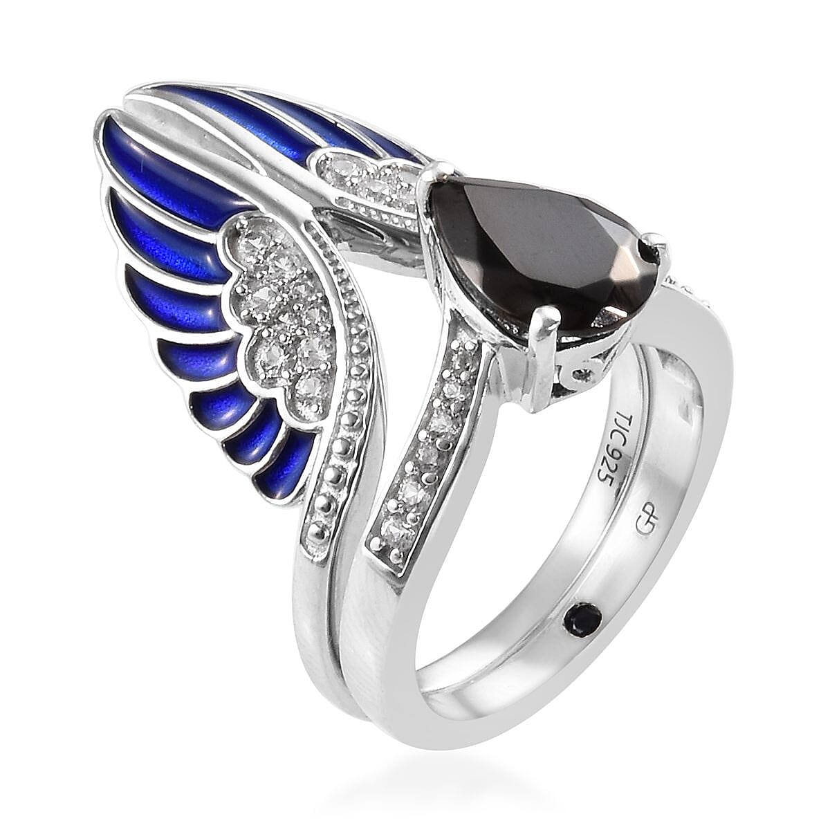 GP 2 Piece Set - Elite Shungite (Pear), Natural Cambodian Zircon and Blue Sapphire Enamelled Ring in Platinum Overlay Sterling Silver 1.87 Ct, Silver wt 7.60 Gms