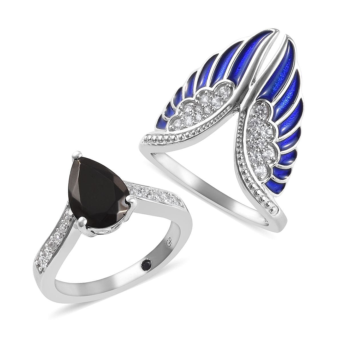 GP 2 Piece Set - Elite Shungite (Pear), Natural Cambodian Zircon and Blue Sapphire Enamelled Ring in Platinum Overlay Sterling Silver 1.87 Ct, Silver wt 7.60 Gms