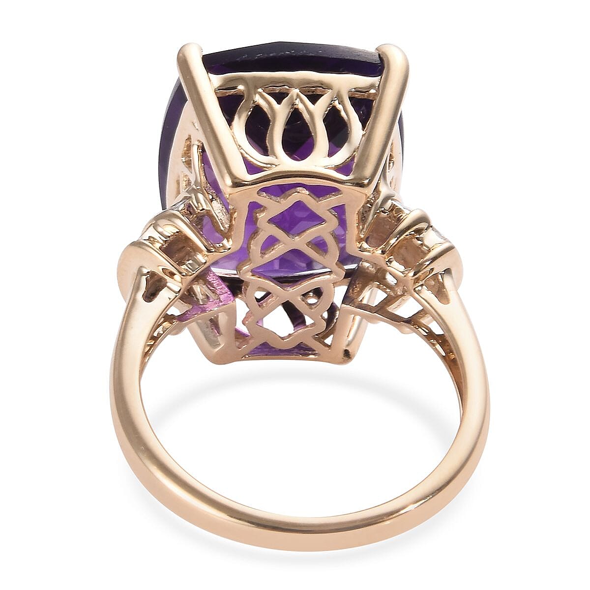 9K Yellow Gold Extremely Rare Size AAA Zambian Amethyst (Cush 18x13mm) and Diamond Ring 13.25 Ct.