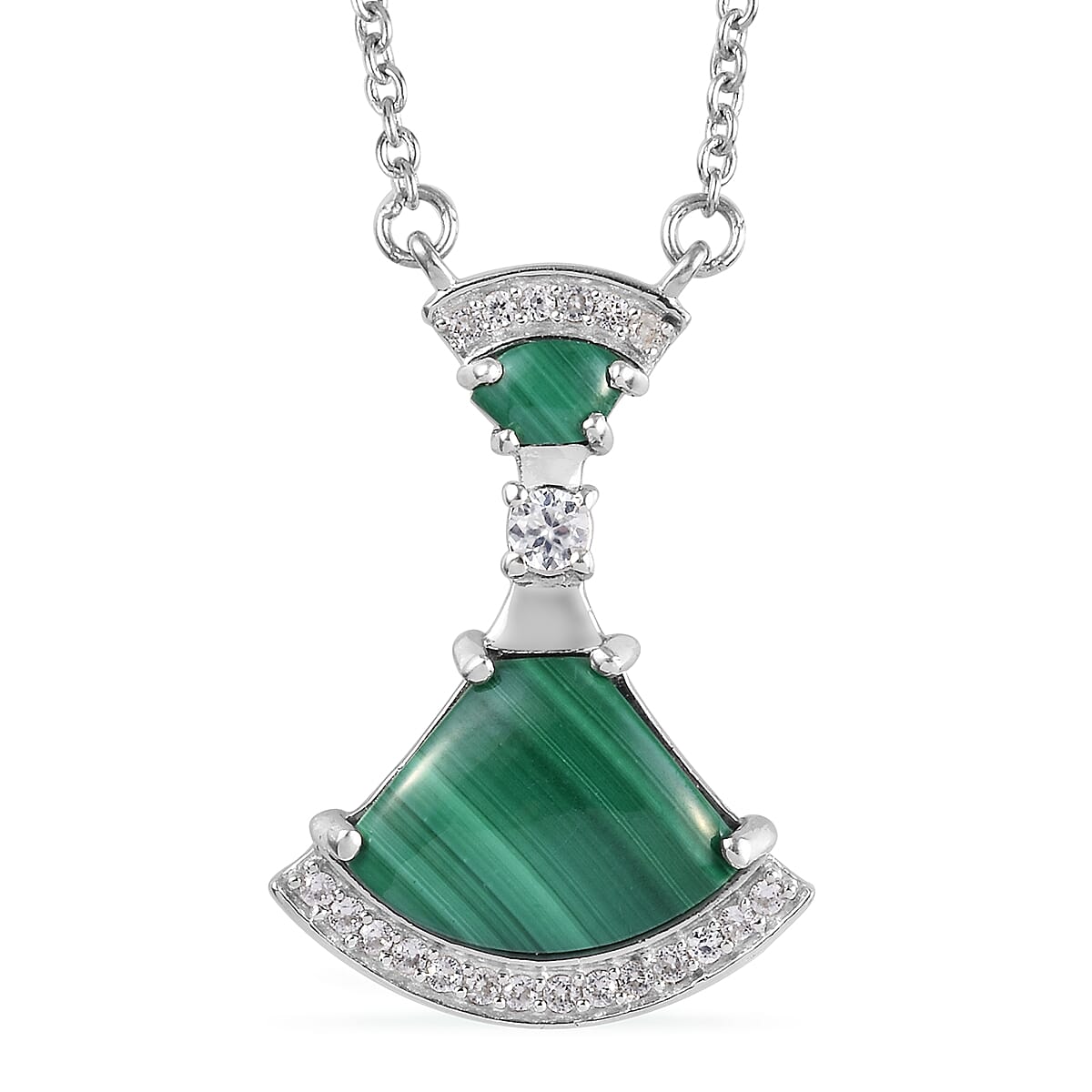 GP - Malachite, Natural Cambodian Zircon and Blue Sapphire Necklace (Size 18) in Platinum Overlay Sterling Silver 5.51 Ct.