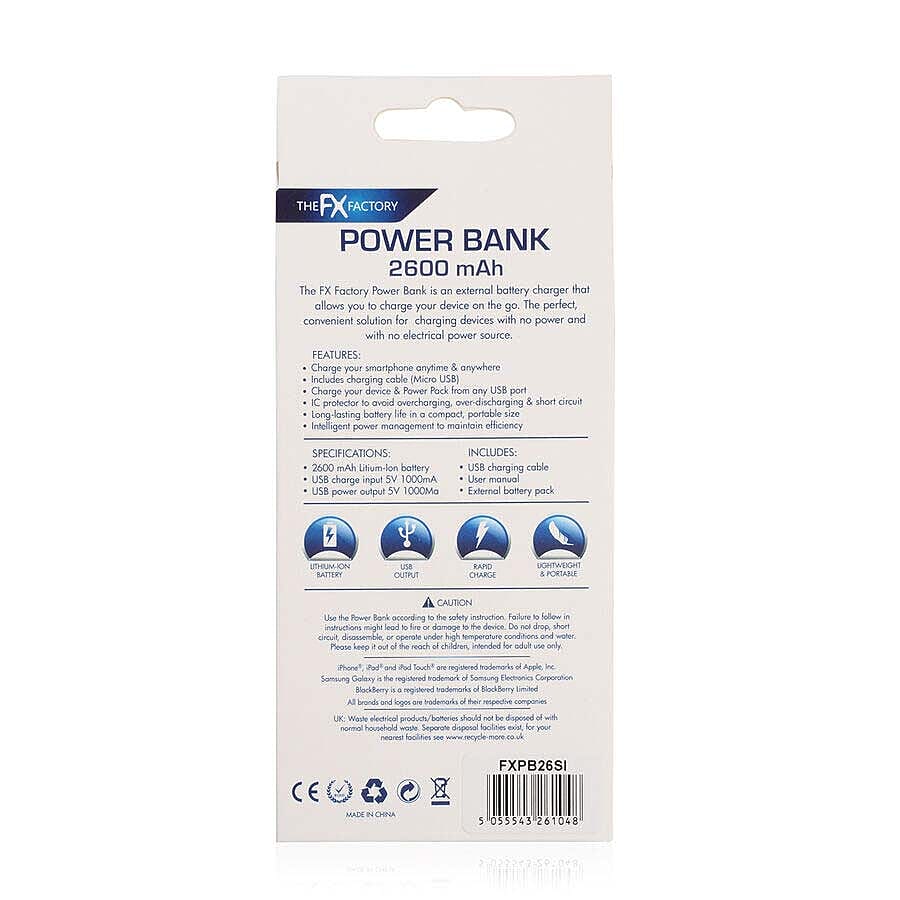 2600mAh Portable Power Bank - Silver