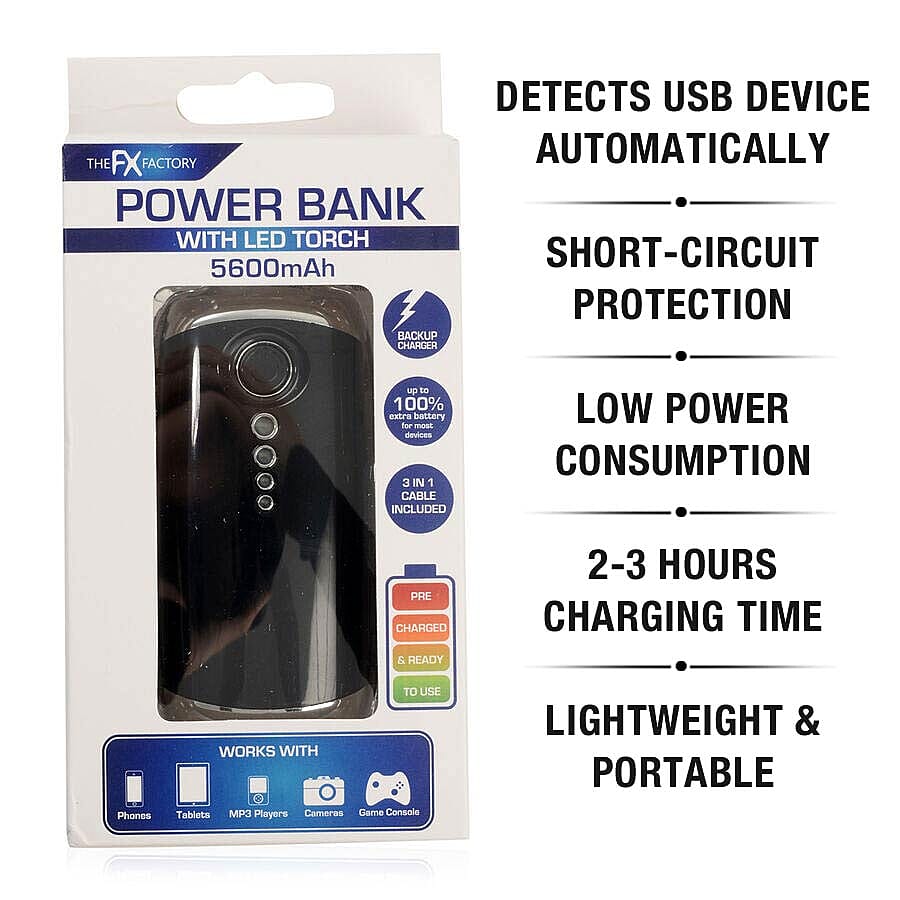5600mAh Portable Power Bank with LED Torch - Black