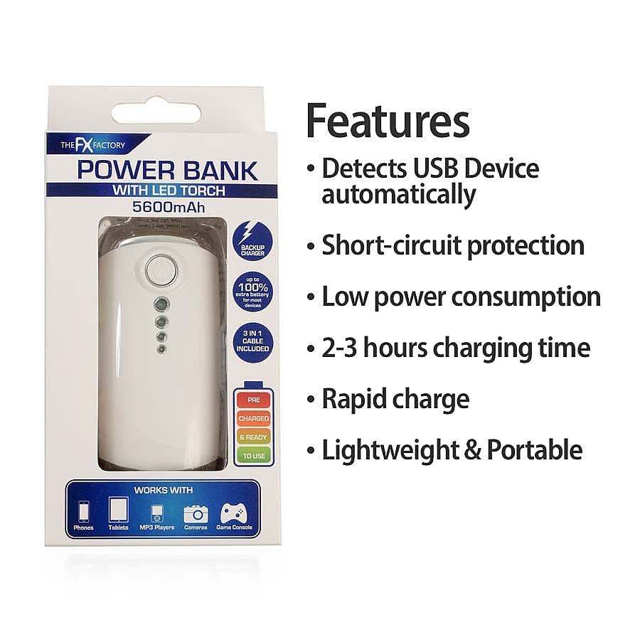 5600mAh Portable Power Bank with LED Torch - White