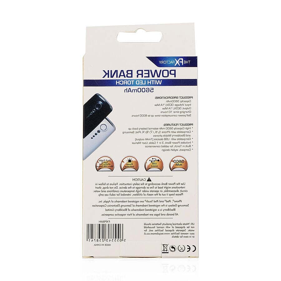 5600mAh Portable Power Bank with LED Torch - White
