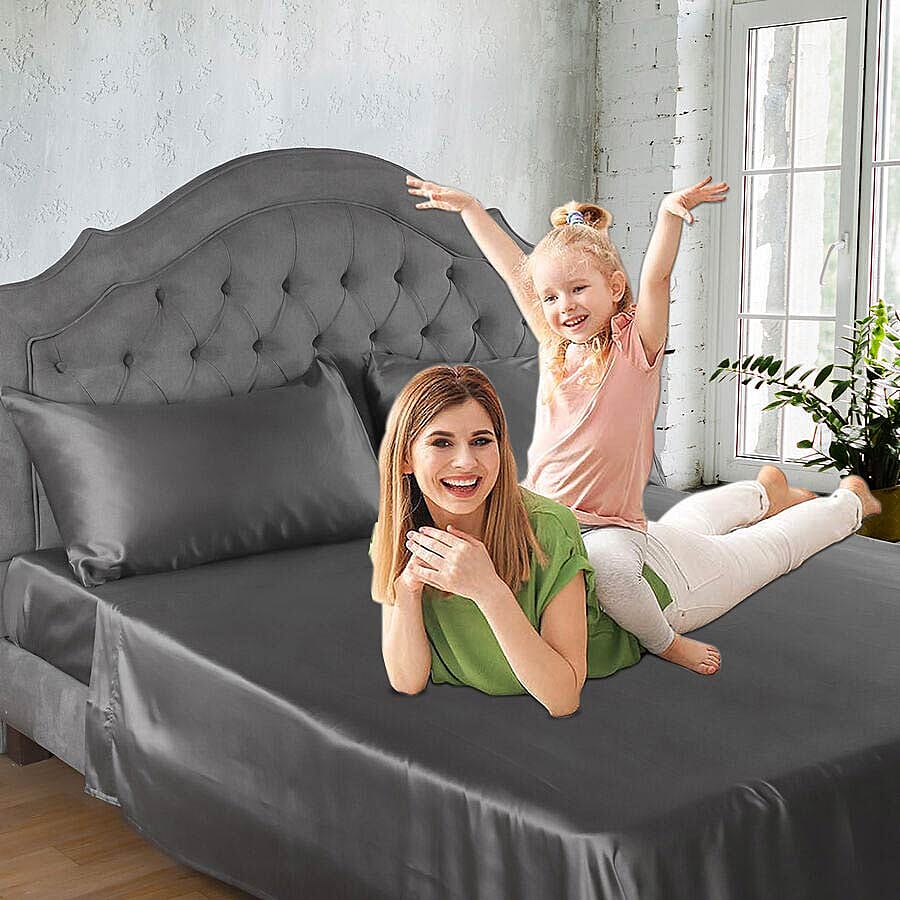 4 Piece 100% Bamboo Bedding Set - incld. Flat Sheet (275x265cm), Fitted Sheet (150x200+30cm), 2 Pillow Cases (50x75cm) - Dark Grey - KING