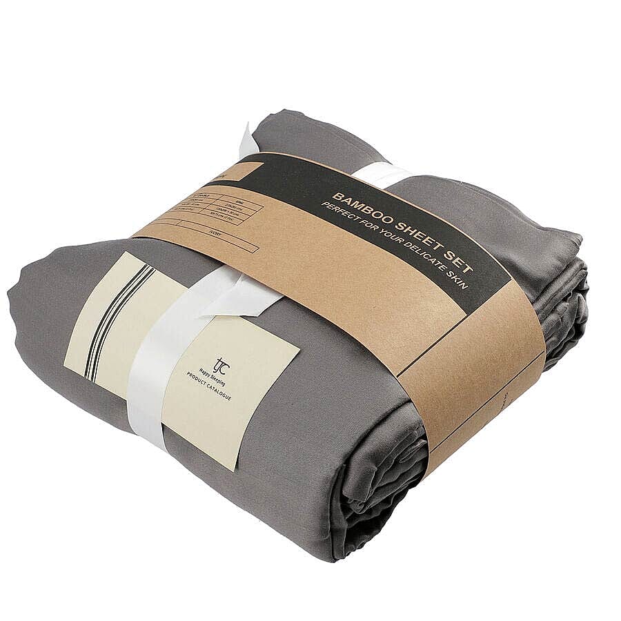 4 Piece 100% Bamboo Bedding Set - incld. Flat Sheet (275x265cm), Fitted Sheet (150x200+30cm), 2 Pillow Cases (50x75cm) - Dark Grey - KING