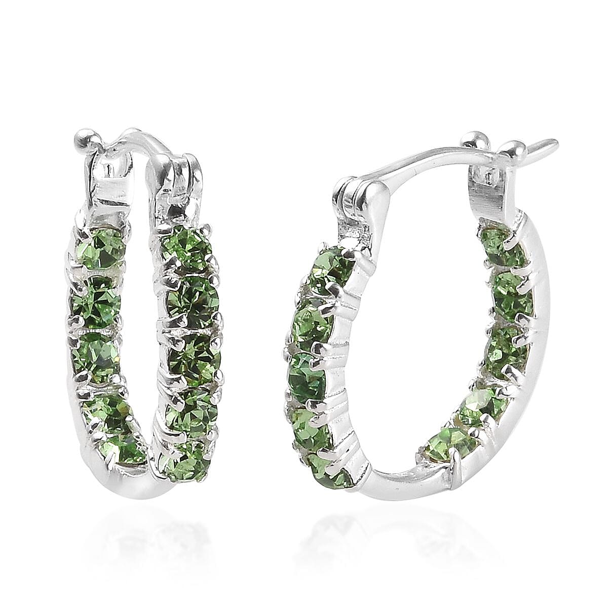 J Francis -  Peridot Colour Crystal (Rnd) Hoop Earrings (with Clasp) in Sterling Silver