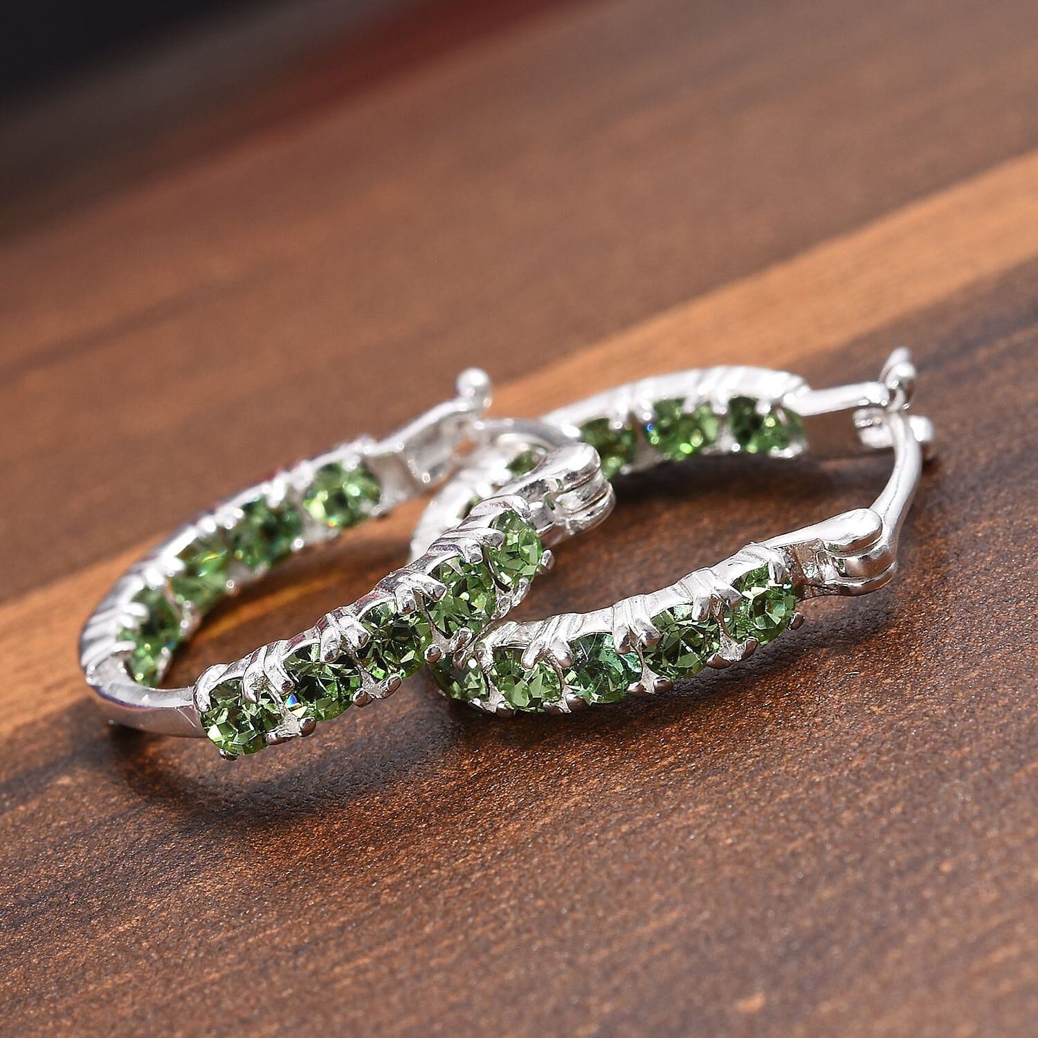 J Francis -  Peridot Colour Crystal (Rnd) Hoop Earrings (with Clasp) in Sterling Silver
