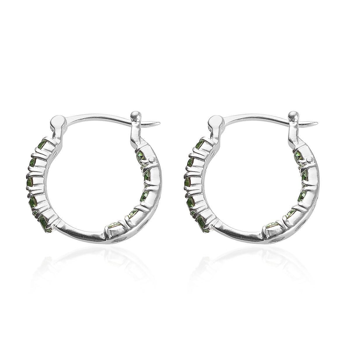 J Francis -  Peridot Colour Crystal (Rnd) Hoop Earrings (with Clasp) in Sterling Silver