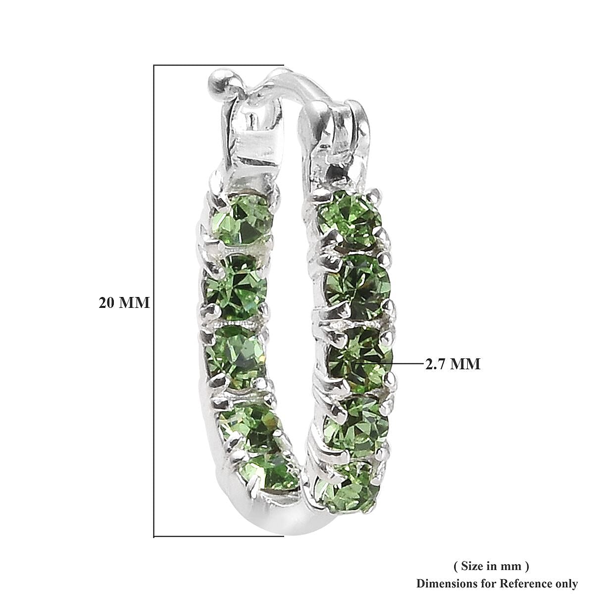 J Francis -  Peridot Colour Crystal (Rnd) Hoop Earrings (with Clasp) in Sterling Silver