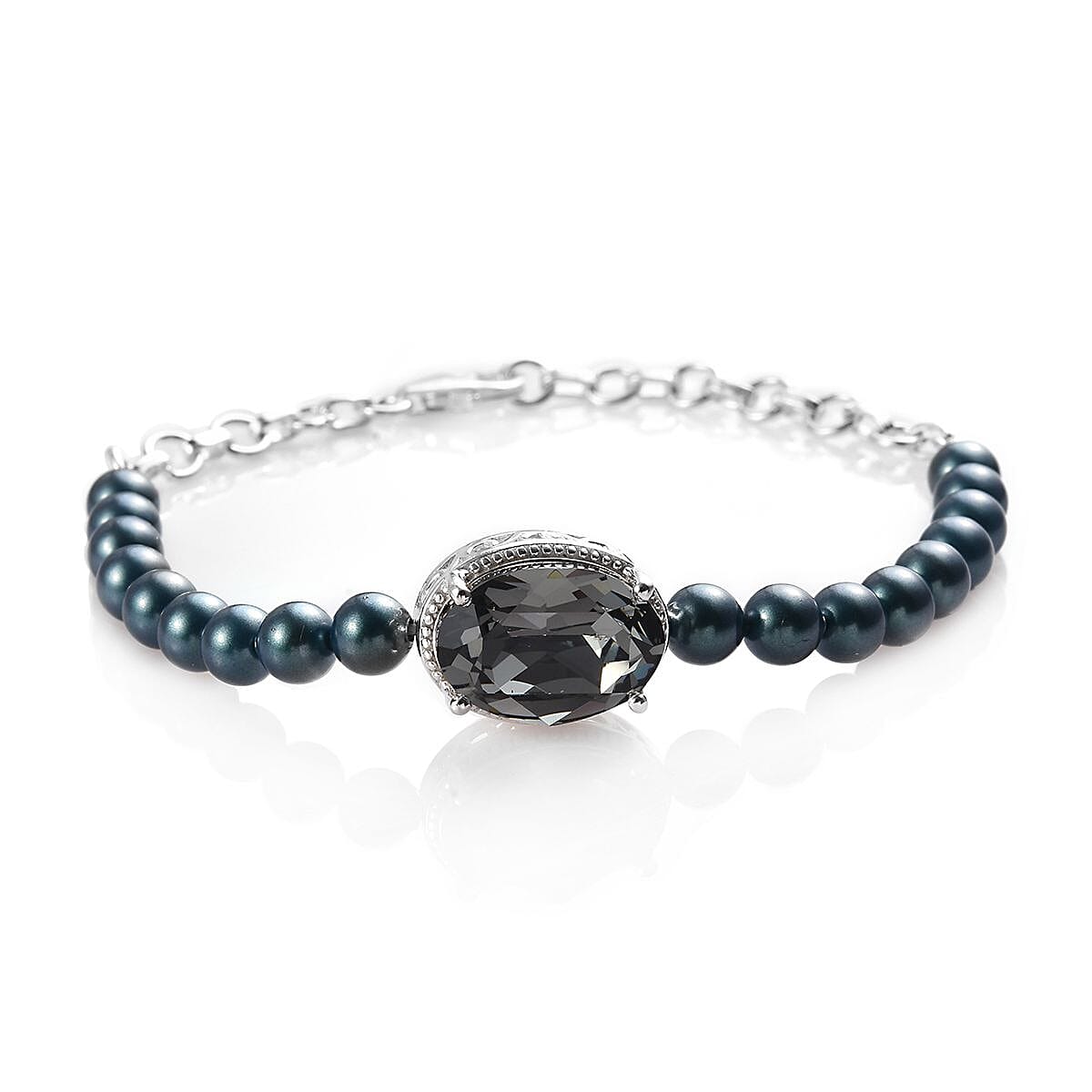 J Francis -  Black Diamond Crystal and Iridescent Tahitian Look Pearl Crystal Bracelet (Size 6-7.5 with Extender) in Sterling Silver