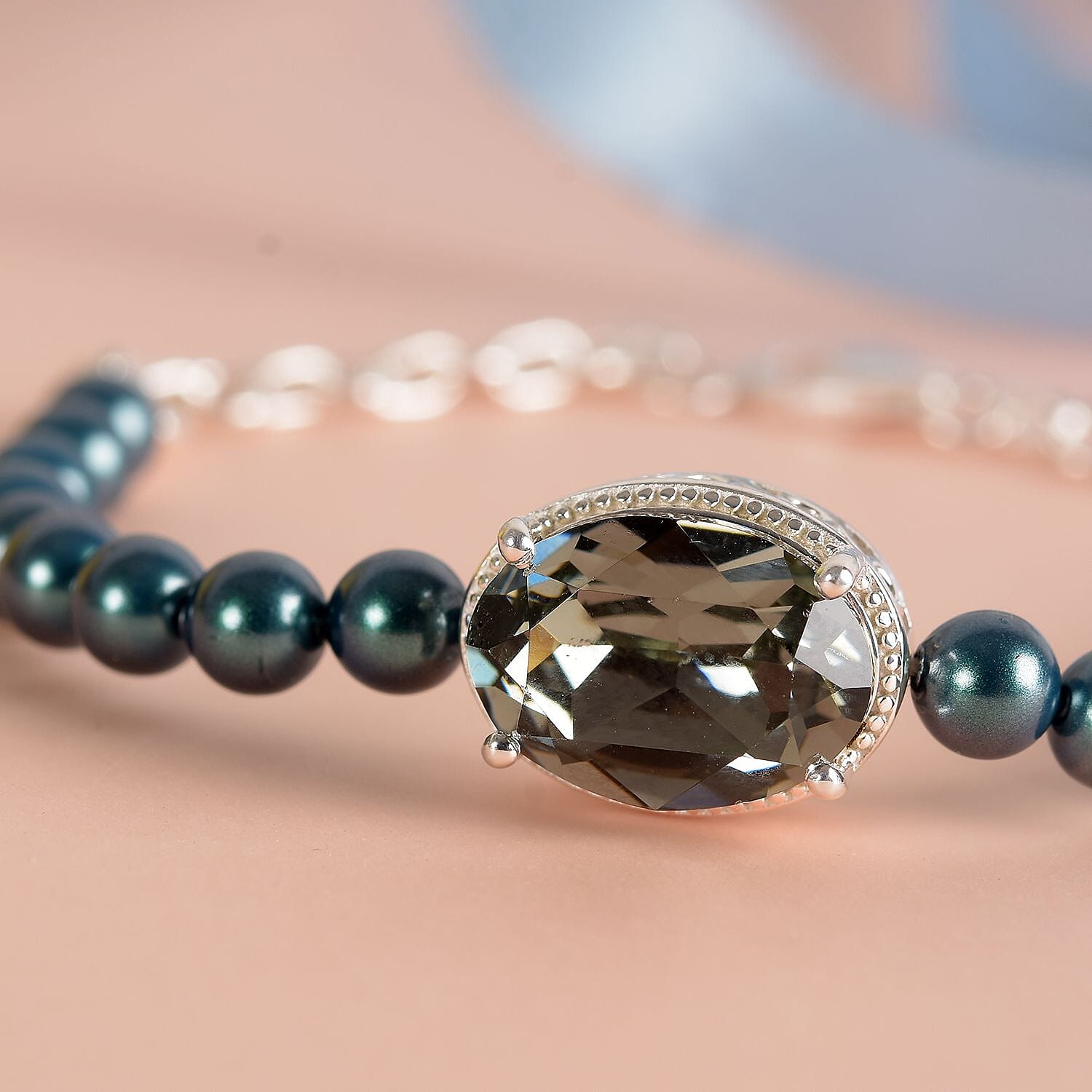 J Francis -  Black Diamond Crystal and Iridescent Tahitian Look Pearl Crystal Bracelet (Size 6-7.5 with Extender) in Sterling Silver