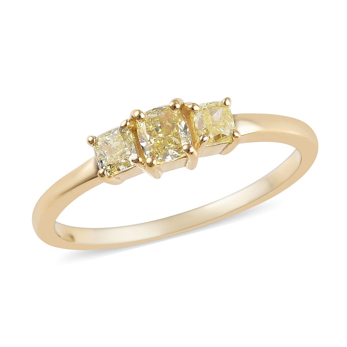 9K Yellow Gold Natural Yellow Diamond (Cush) Three Stone Ring 0.60 Ct.