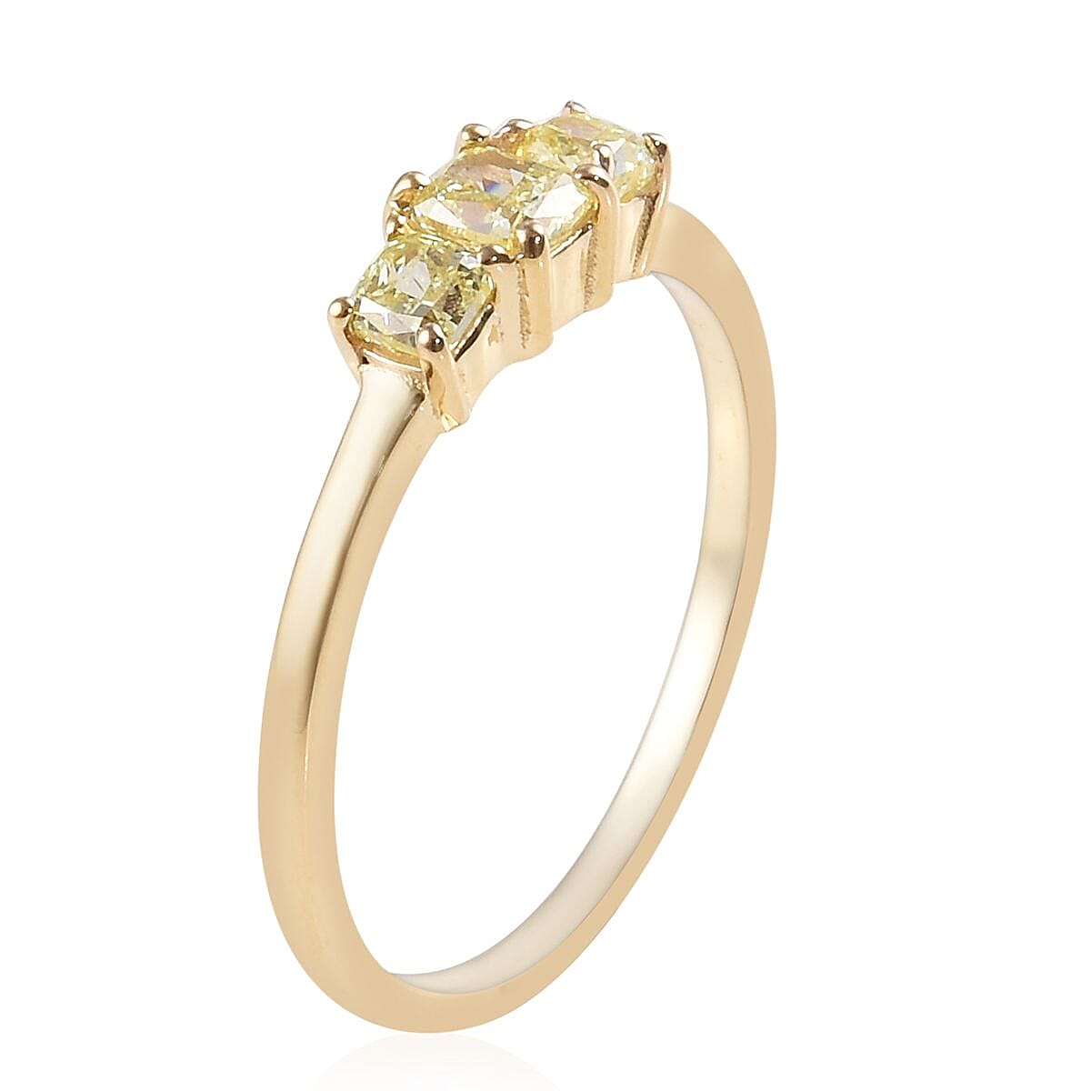 9K Yellow Gold Natural Yellow Diamond (Cush) Three Stone Ring 0.60 Ct.