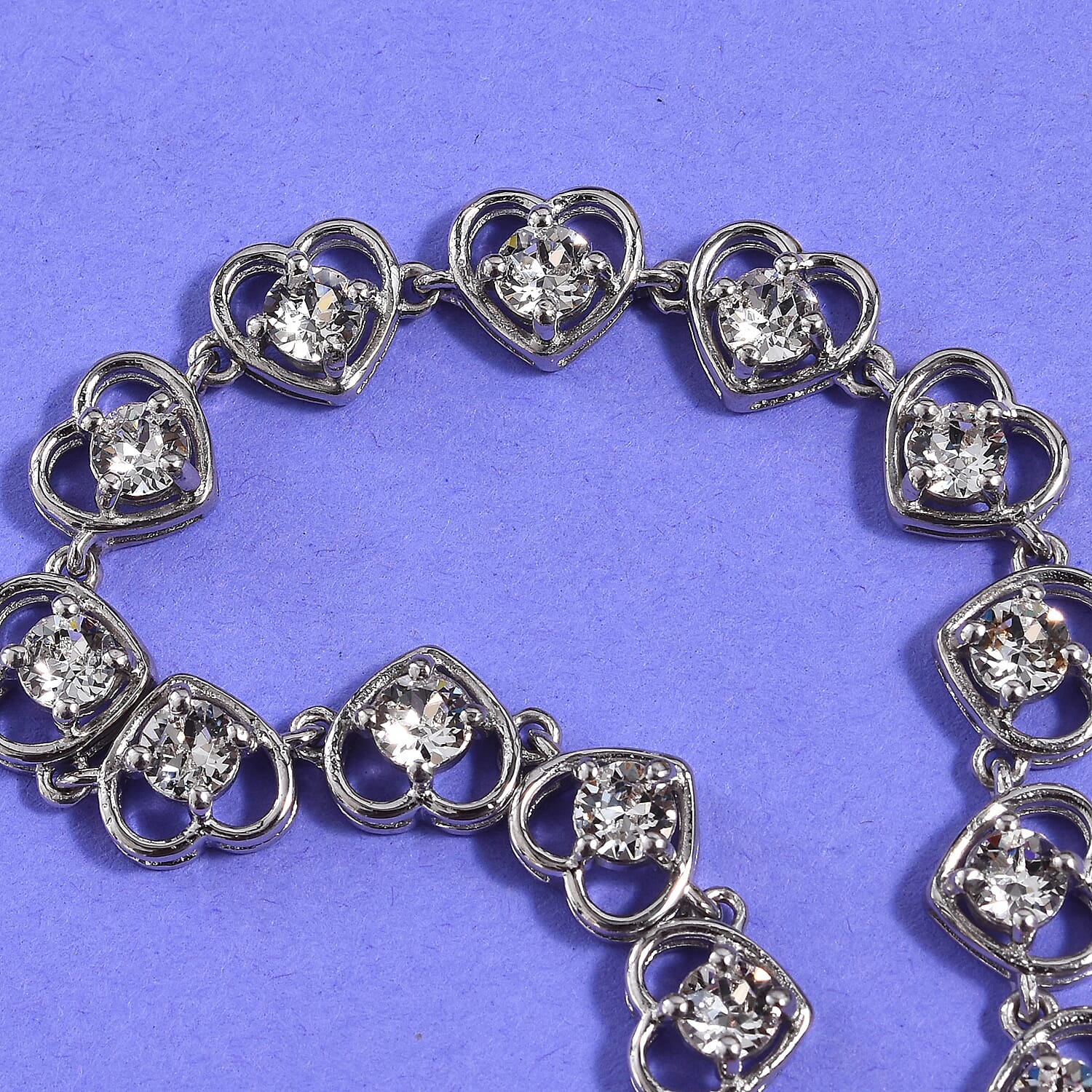 J Francis -  White Crystal (Rnd) Heart Bracelet (Size 6.5 with 1 inch Extender) in Platinum Plated