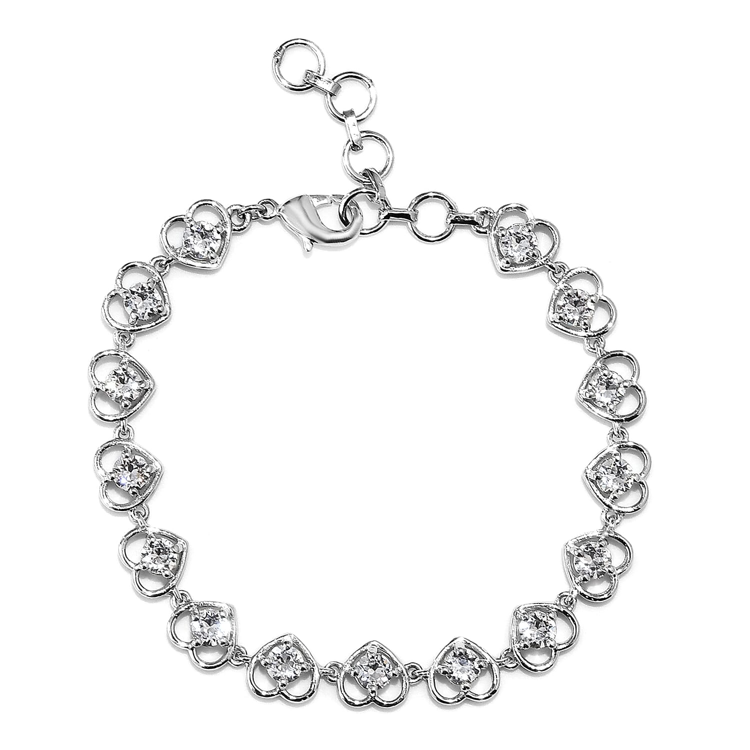 J Francis -  White Crystal (Rnd) Heart Bracelet (Size 6.5 with 1 inch Extender) in Platinum Plated