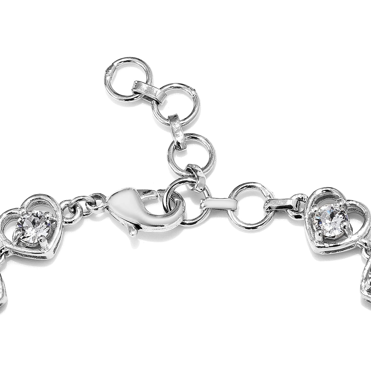 J Francis -  White Crystal (Rnd) Heart Bracelet (Size 6.5 with 1 inch Extender) in Platinum Plated