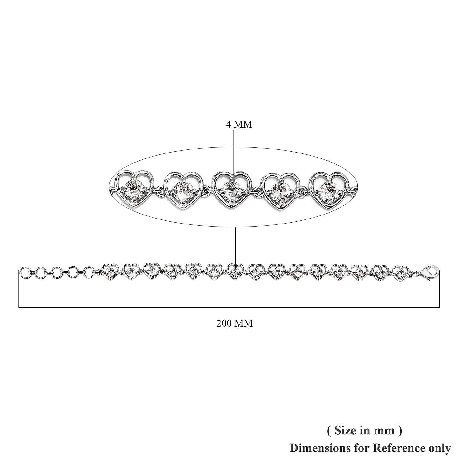 J Francis -  White Crystal (Rnd) Heart Bracelet (Size 6.5 with 1 inch Extender) in Platinum Plated