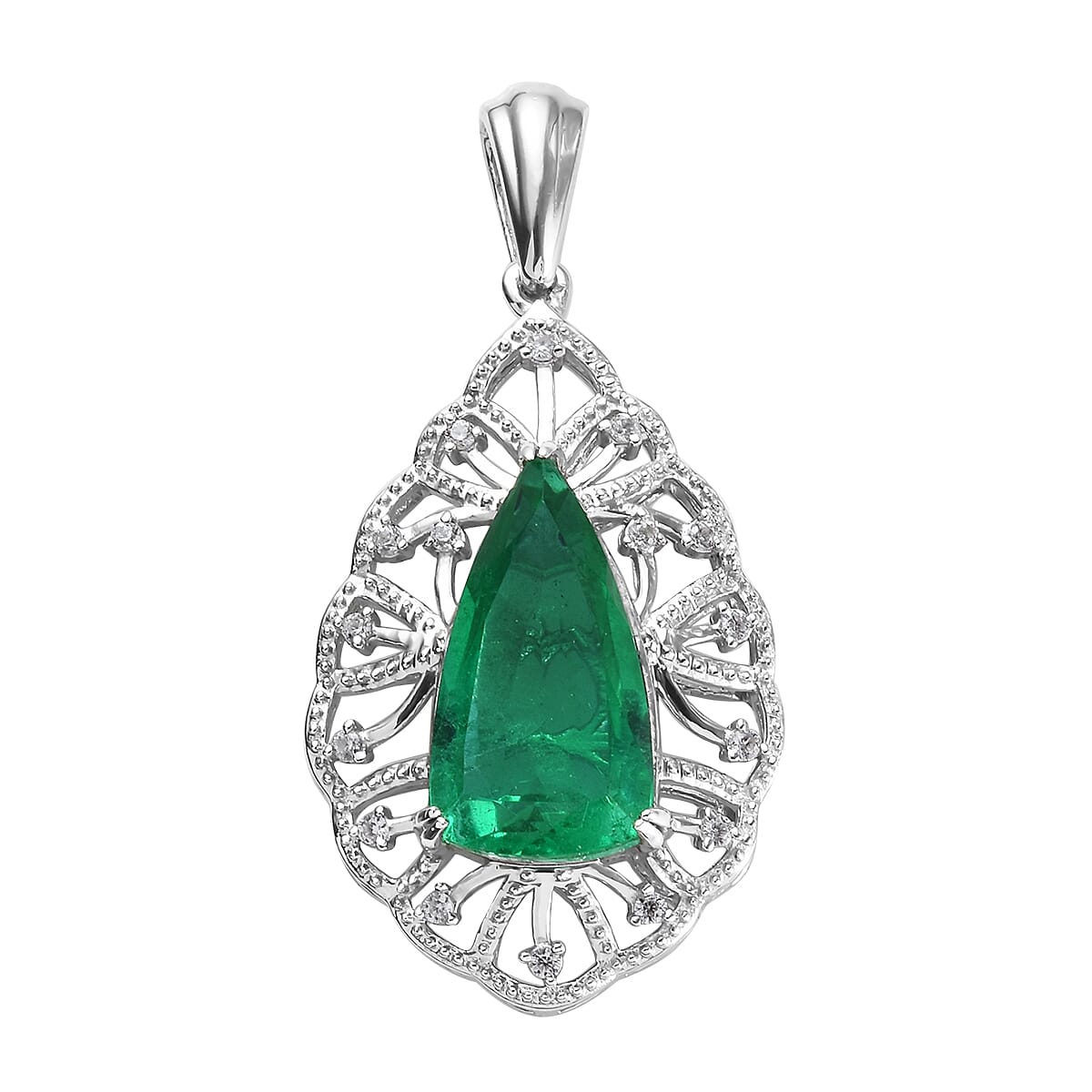 GP - Emeraldine Triplet Quartz, Natural Cambodian Zircon and Blue Sapphire Pendant in Platinum Overlay Sterling Silver 5.93 Ct.