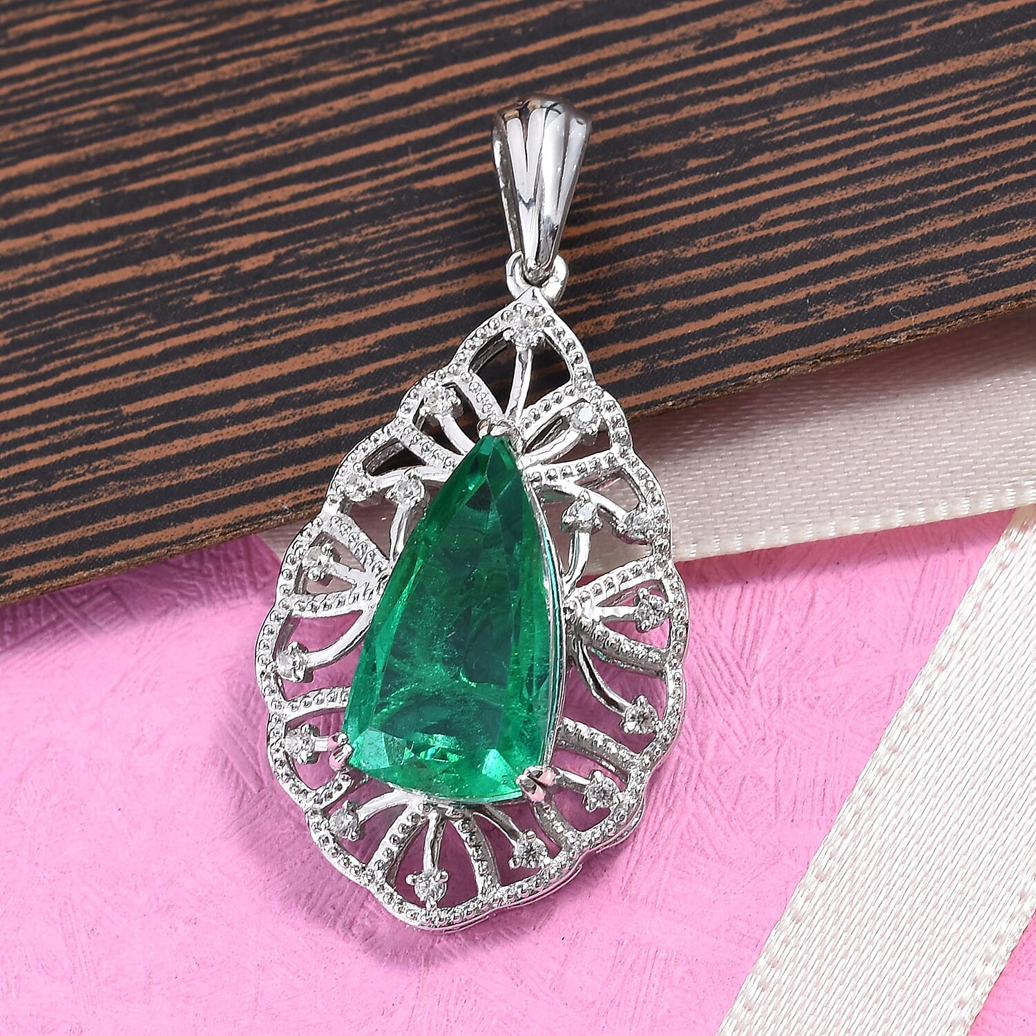 GP - Emeraldine Triplet Quartz, Natural Cambodian Zircon and Blue Sapphire Pendant in Platinum Overlay Sterling Silver 5.93 Ct.