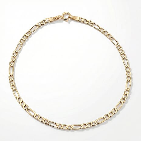 9K Yellow Gold Hollow Figaro Bracelet (Size 7.5) with Spring Ring Clasp