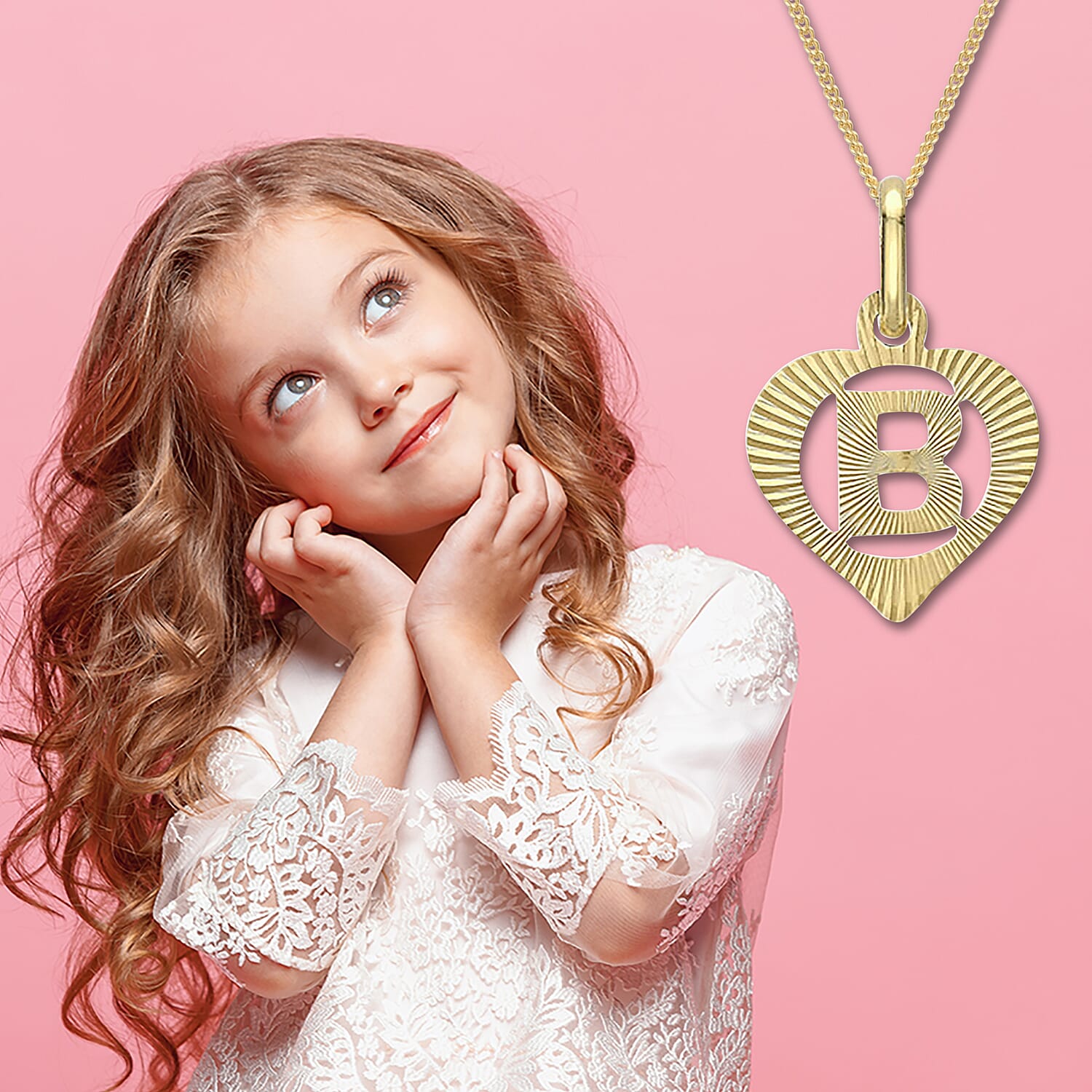 Children Diamond Cut B Initial Heart Pendant in 9K Yellow Gold