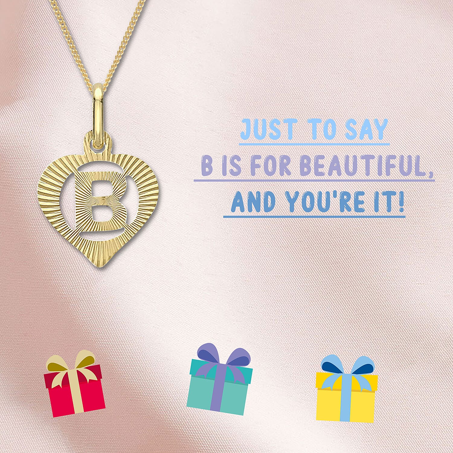 Children Diamond Cut B Initial Heart Pendant in 9K Yellow Gold