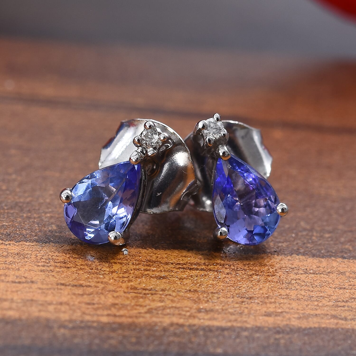 9K White Gold AA Tanzanite (Pear 6x4mm), Diamond Earrings (with Push Back) 0.77 Ct.