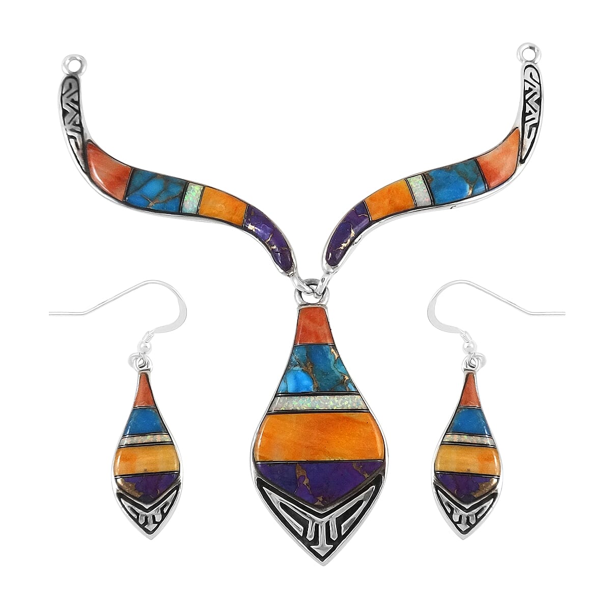  Santa Fe Collection - Artisan Crafted Multi Turquoise, Multi Gemstone Sterling Silver With Oxidized Earrings (With Hook), And Necklace (18 With 2 Inch Extender) 24 Ct, Silver Wt. 33.40 Gms