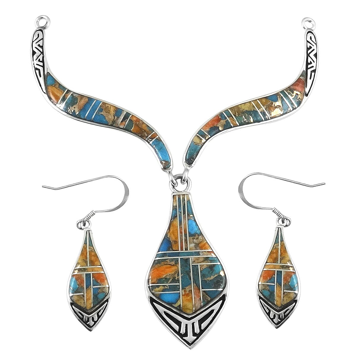Santa Fe Collection - Artisan Crafted Spiny Turquoise Necklace (18-2 Inch Ext.) and Earrings in Sterling Silver 35.00 Ct, Silver Wt 33.00 Gms.